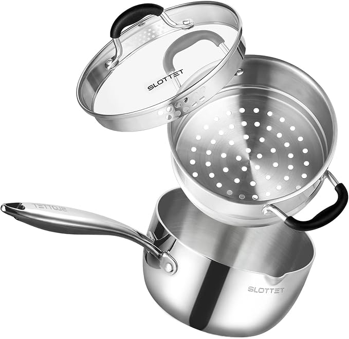 3.5 Quart Stainless Steel Saucepan with Steamer, Tri-Ply Full Body Small Multipurpose Pot with Pour