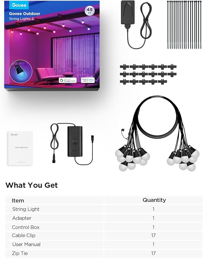 Govee Smart Outdoor String Lights 2, 48ft Outdoor Lights with Dimmable Warm White LED Bulbs, 47