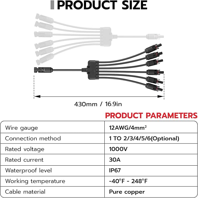 1 Pair Solar Connectors Y Branch,1 to 6 Solar Parallel Connector for Solar Panels,30A 1000V Solar