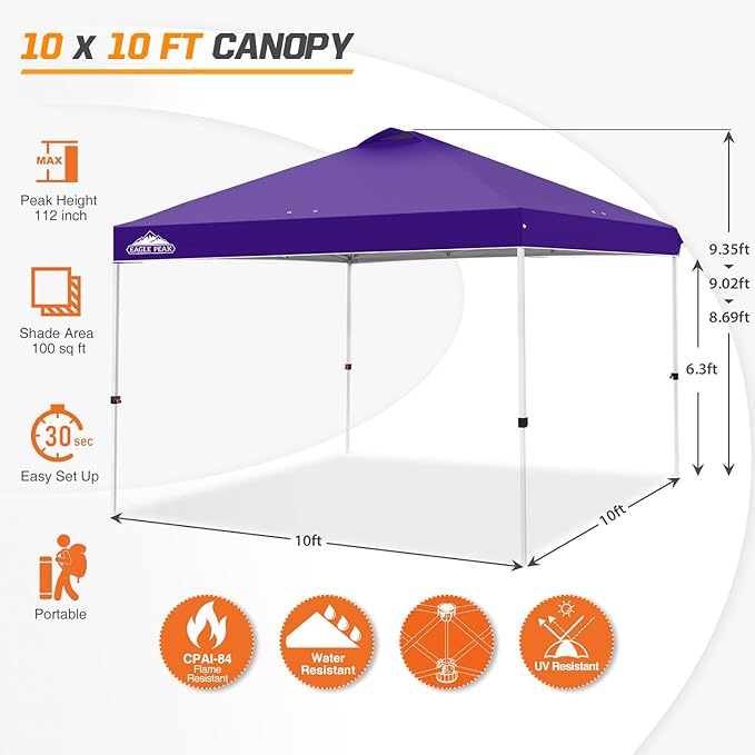 EAGLE PEAK Pop Up Canopy Tent with Wheeled Carry Bag, 8 Stakes, 4 Ropes, 4 Weight Bags, Easy Set Up