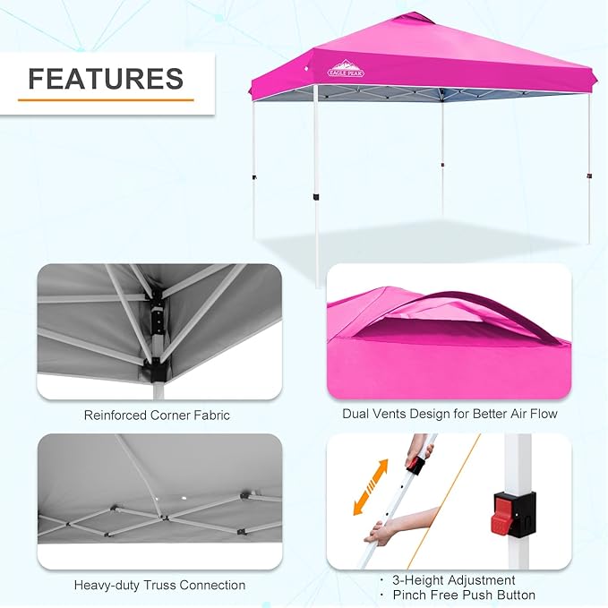 EAGLE PEAK Pop Up Canopy Tent with Wheeled Carry Bag, 8 Stakes, 4 Ropes, 4 Weight Bags, Easy Set Up