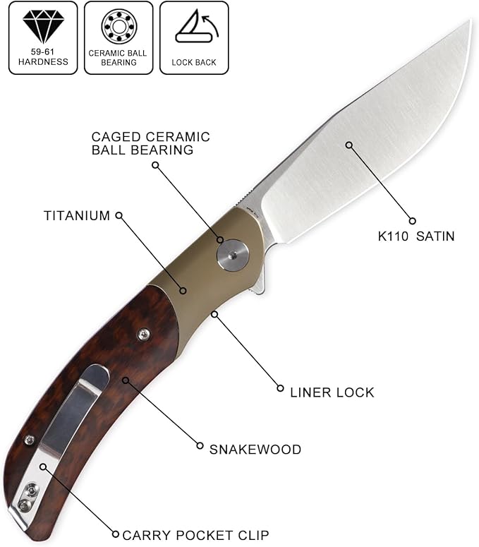 Petrified fish PFP09 Hourglass Folding Knife,3.54" K110 Steel Satin Blade, 3.88oz Titanium and