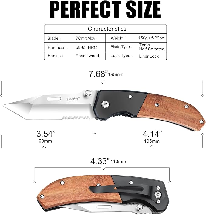 Harita Pocket Knife for Men, Folding Utility with Pocket Clip, Wood Handle EDC for Women with 3.4″