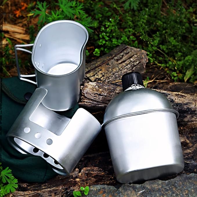 Camping cookware Set, 3pcs Cookware Set Aluminum Canteen Cup Wood Stove Set with Cover Bag for