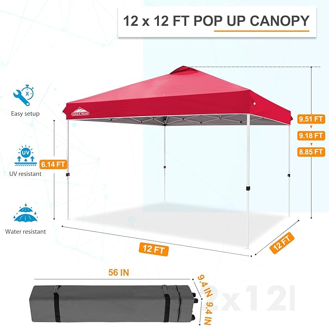 EAGLE PEAK Pop Up Canopy Tent with Wheeled Carry Bag, 8 Stakes, 4 Ropes, 4 Weight Bags, Easy Set Up