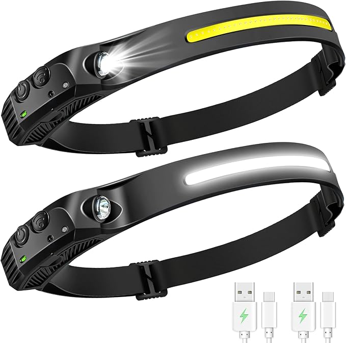 AURUZA 2PCS Headlamp Flashlight, Rechargeable LED Headlamps 2 COB 230°Wide Beam Headlight with