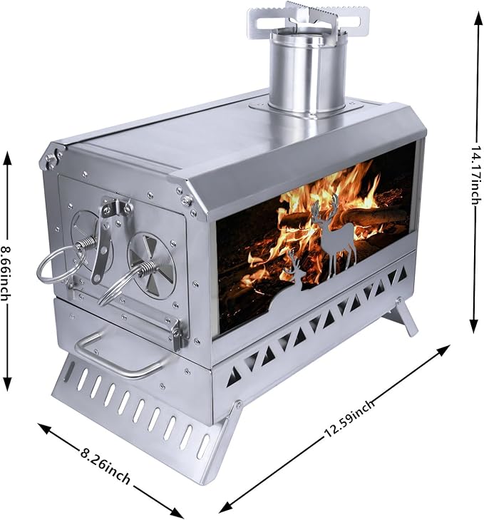 Outdoor Camping Tent Stove Portable Stainless Steel with Chimney Barbecue Net for Outdoor Cooking