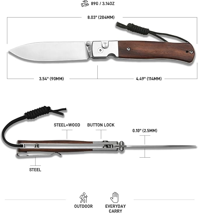 CJRB Glacier Folding Knife, 3.54'' AR-RPM9 Steel Blade EDC Knives with Wood Handle for Camping