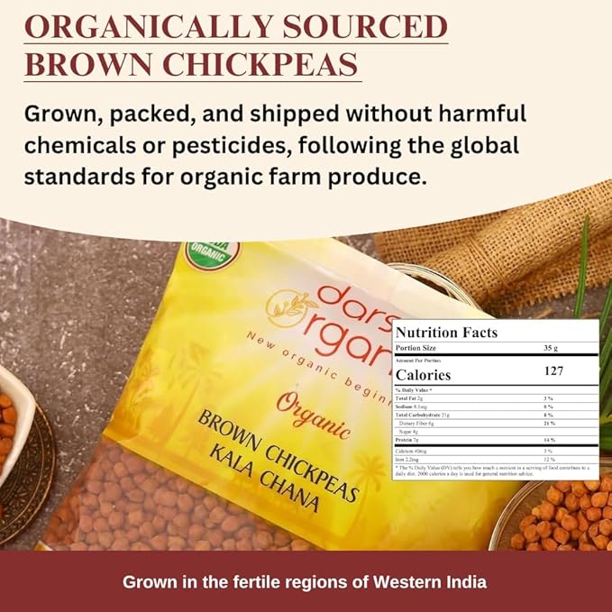 Darsa Organics Kala Chana 2 lb | Brown Chickpeas, Black Gram Lentils | USDA Organic, Non-GMO | Rich