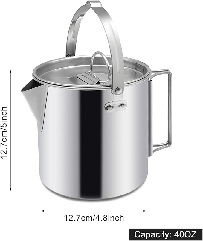 Camping Tea Kettle, Portable 1.2L Coffee Pot, Outdoors Camping Pot, with Handles and with Lids for