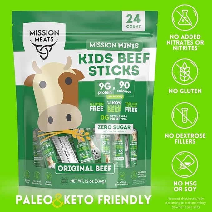 Mission Meats Kids Beef Sticks – 100% Grass Fed & Pasture Raised, Healthy Snacks for Kids, Sugar