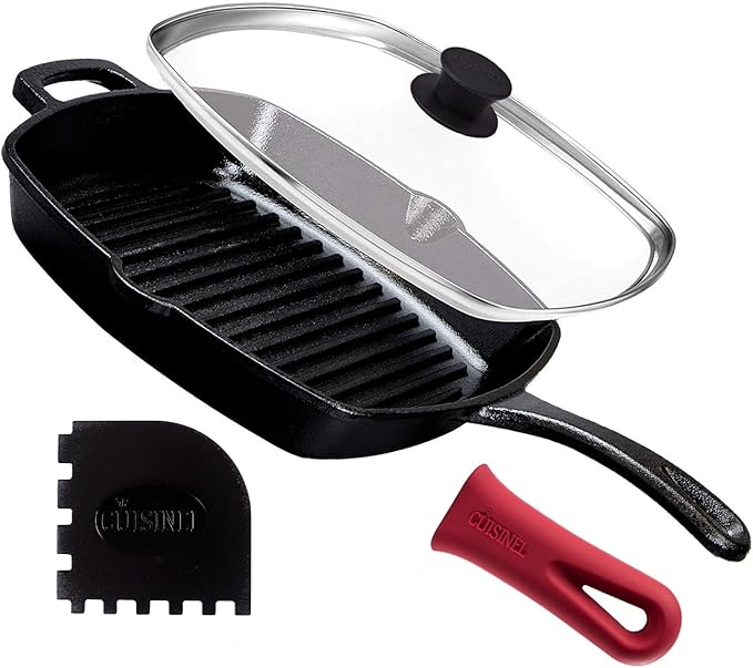 Cuisinel Cast Iron Square Grill Pan + Glass Lid + Pan Scraper + Handle Cover - 10.5" Pre-Seasoned