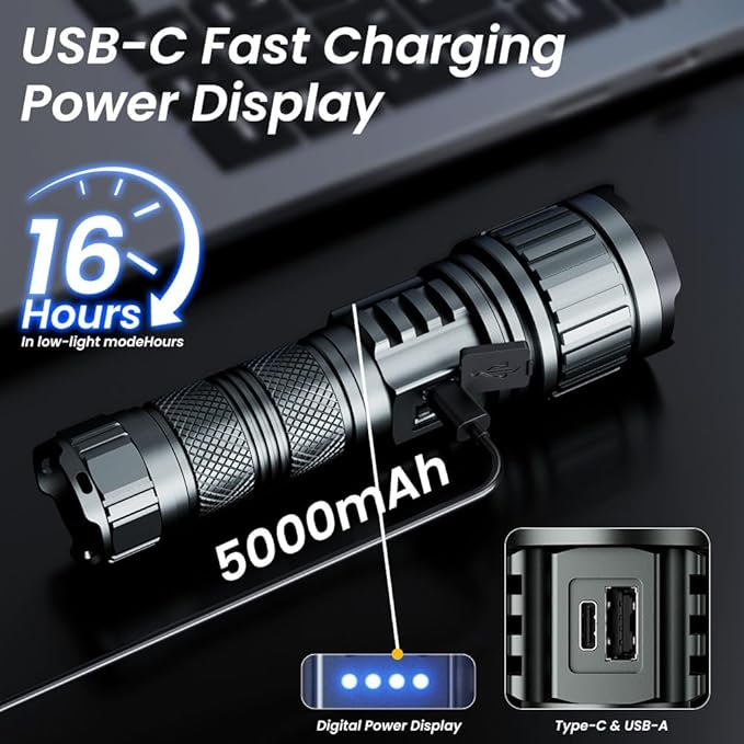 5000mAh Rechargeable High Lumens Flashlight with Warm/White Light - 11 Modes Zoomable Tactical