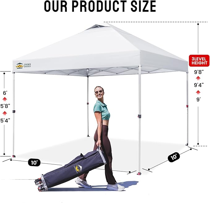 CROWN SHADES 10x10 Pop Up Canopy - Beach Tent with One Push Setup - Easy Outdoor Sun Shade for