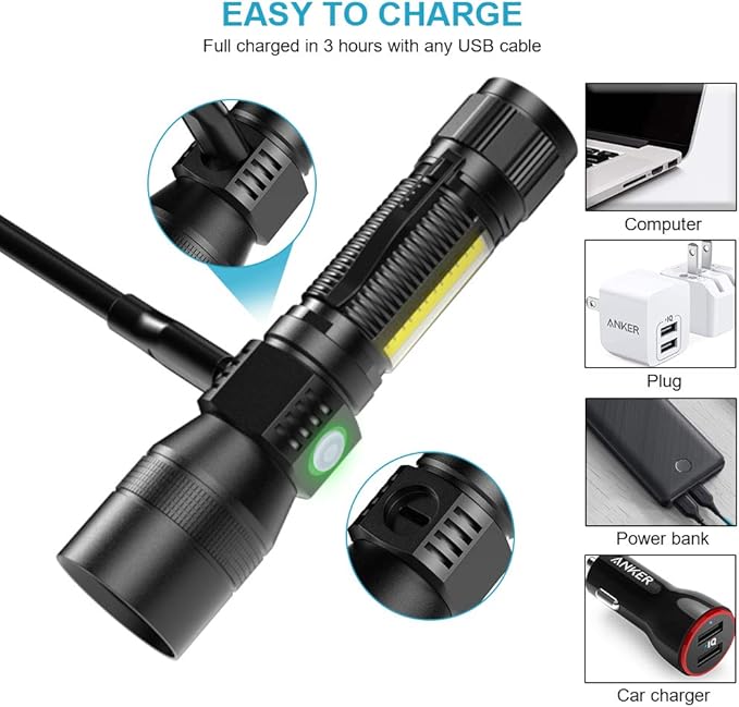 UV Flashlight Black Light, USB Rechargeable Flashlight with Magnetic Base - High Light, Side Light