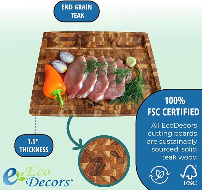 EcoDecors FSC Certified Solid Teak Wood Cutting Board 24x18, Large End Grain Butcher Block with