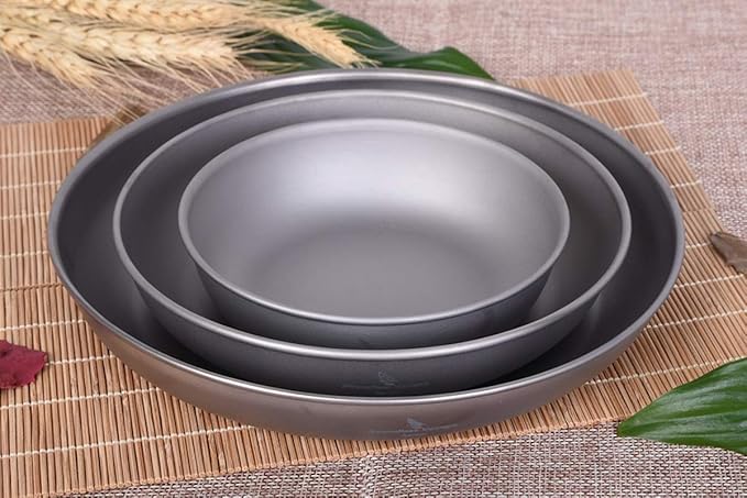 iBasingo 3 Pieces Titanium Plates Set Camping Metal Durable Cooking Pan Dishes Plates Saucer