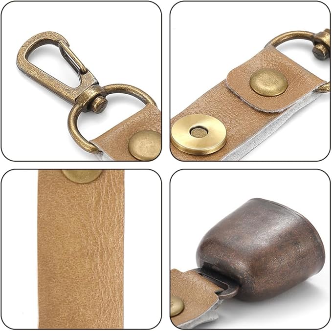 Hiking Bear Bell with Leather Strap, Vintage Magnetic Camping Bell with Carabiner Clip for Camping