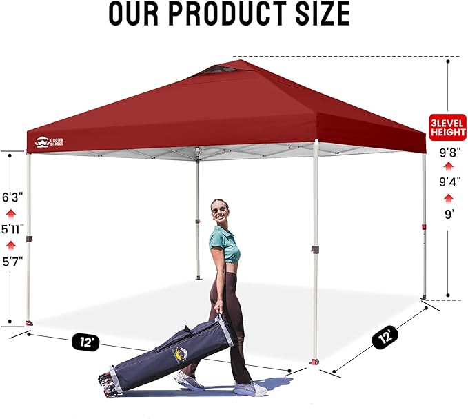 CROWN SHADES 12x12 Pop Up Canopy Outside Canopy, Patented One Push Tent Canopy with Wheeled Carry