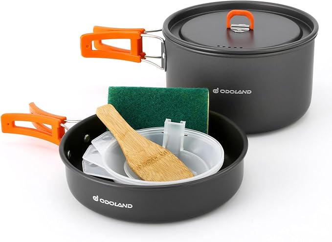 Odoland 9pcs Camping Cookware Non-Stick Lightweight Pots and Pans Set with Plastic Bowls Soup Spoon