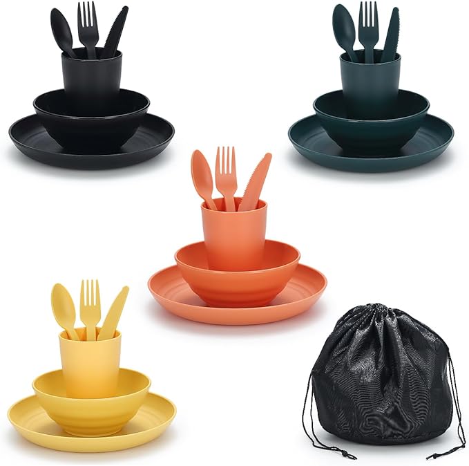 Camping Mess Kit for 4 with Bowl, Plate, Cup, Spoon, Fork, Knife and Carry Bag, Plastic Camping