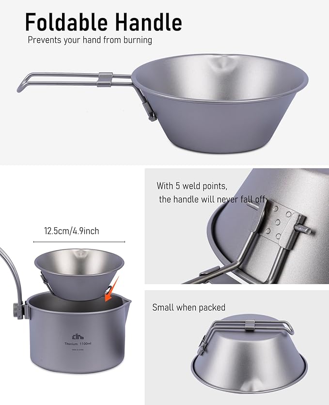 iClimb Titanium Bowl with Foldable Handle Ultralight Compact Portable Flatware Tableware with Bag