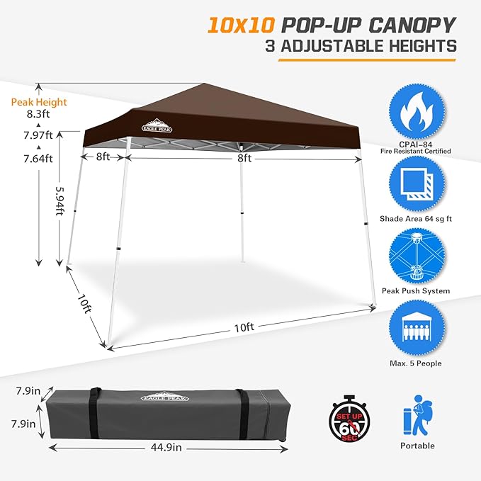 EAGLE PEAK 10x10 Slant Leg Pop-up Canopy Tent Easy One Person Setup Instant Outdoor Beach Canopy