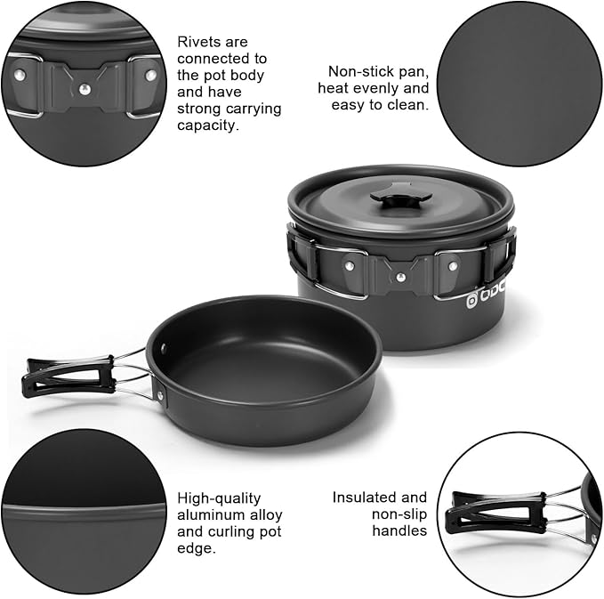 Odoland 15pcs Camping Cookware Mess Kit, Non-Stick Lightweight Pot Pan Kettle Set with Stainless
