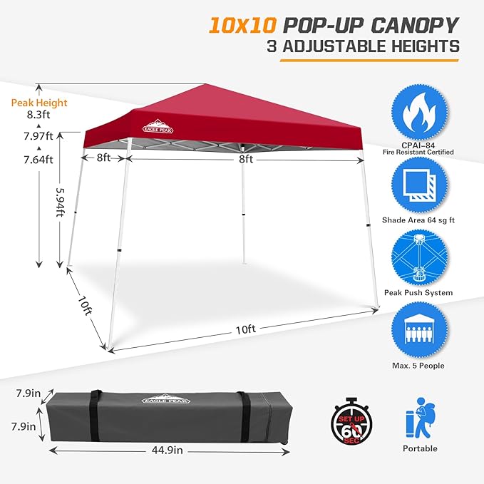 EAGLE PEAK 10x10 Slant Leg Pop-up Canopy Tent Easy One Person Setup Instant Outdoor Beach Canopy