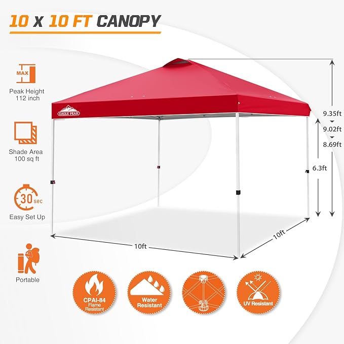 EAGLE PEAK Pop Up Canopy Tent with Wheeled Carry Bag, 8 Stakes, 4 Ropes, 4 Weight Bags, Easy Set Up