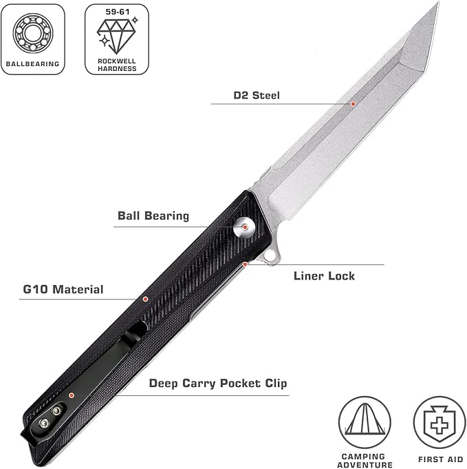 Pocket Knife GD22K, Flipper Open D2 Steel Tanto Folding knife with Durable G10 Handle,Men Women