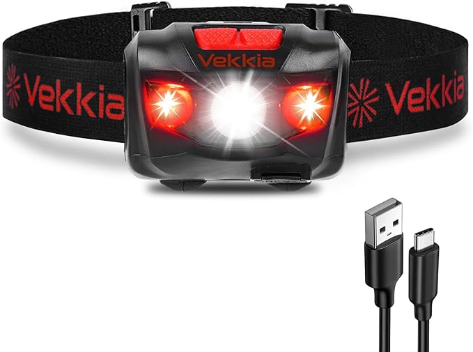 Vekkia LED Headlamp Rechargeable - 5 Lighting Modes,White & Red LEDs Head Lamp, Camping Accessories
