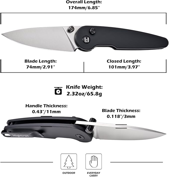 Hightron Birdidi Folding Knife, 2.91" Drop-Point D2 Blade Aluminum Handle, Pocket Knife with Pocket