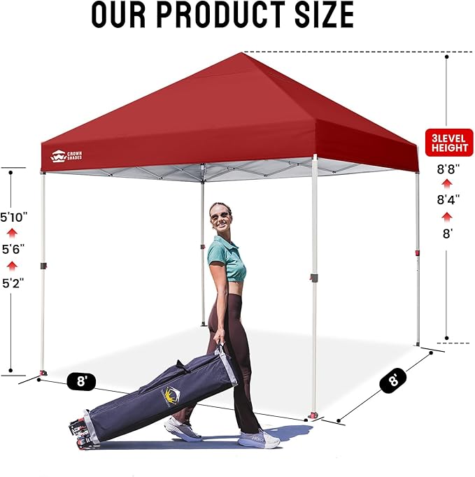 CROWN SHADES 8x8 Pop Up Canopy - Beach Tent with One Push Setup - Easy Outdoor Sun Shade for