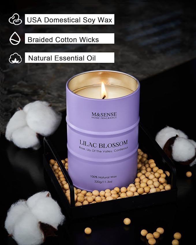 M&SENSE Lilac Blossom Soy Candles for Home Scented, 11.3oz 70 Hour Long Burning Aromatherapy Candle