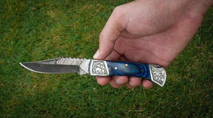 Handmade Damascus Pocket Knife for Men - 7.2 Inches Engraved Steel Damascus Folding Pocket Knife