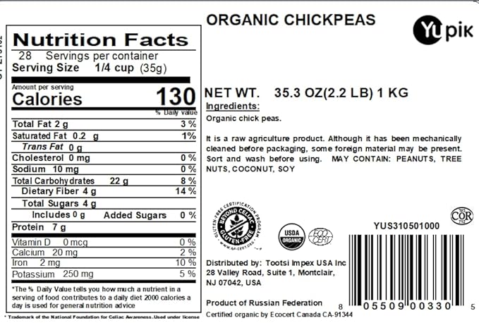 Yupik Organic Raw Chickpeas, Garbanzo Beans, 2.2 lb (35.2 oz), Non-GMO, Vegan, Gluten-Free, Kosher