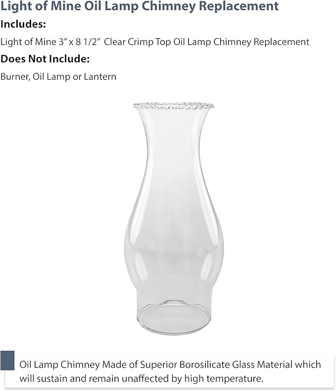 Light of Mine - 3" X 8.5" Crimp Top Oil Lamp Replacement Chimney (3" X 8 1/2")