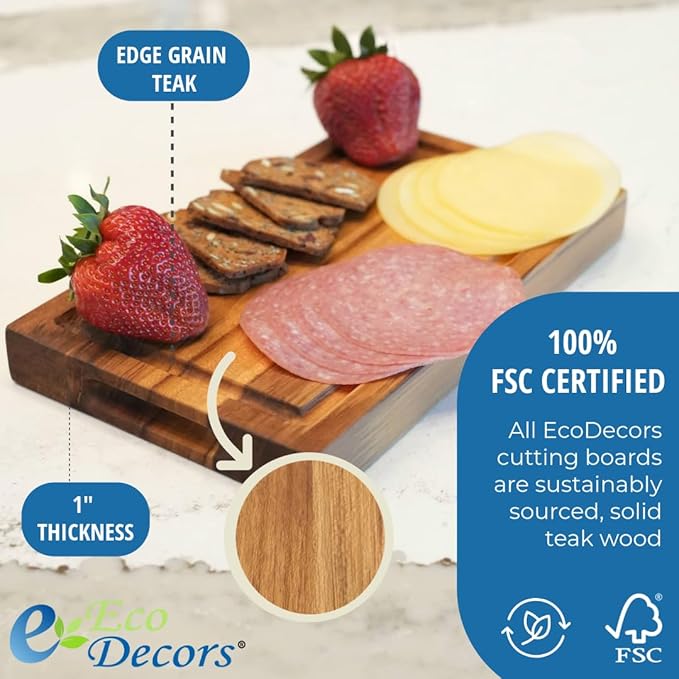 EcoDecors, Teak Cutting Board 10"x6", Reversible Compact Teak Wood Edge Grain Cutting Board with