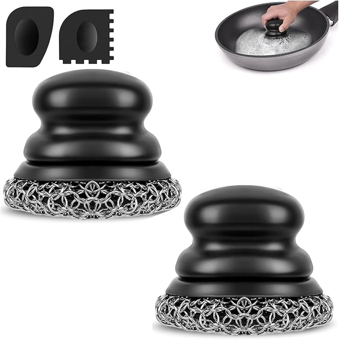 Onewly Cast Iron Scrubber (2 × Black Coarse Mesh) and and Scraper, Chain Mail Scrubber for Cleaning