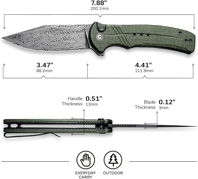 CIVIVI Cogent Button Lock Flipper Pocket Knife, Damascus Blade Green Micarta Handle, Good for
