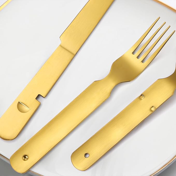Picnic Silverware Gold Camping Cutlery Fork Knife Spoon Bottle Opener 4 Pieces Flatware Utensil Kit