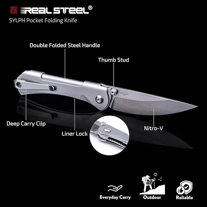 REALSTEEL SYLPH Folding Pocket Knife, Liner Lock, 3.07" Nitro-V Steel Satin Plain Blade, Thumb