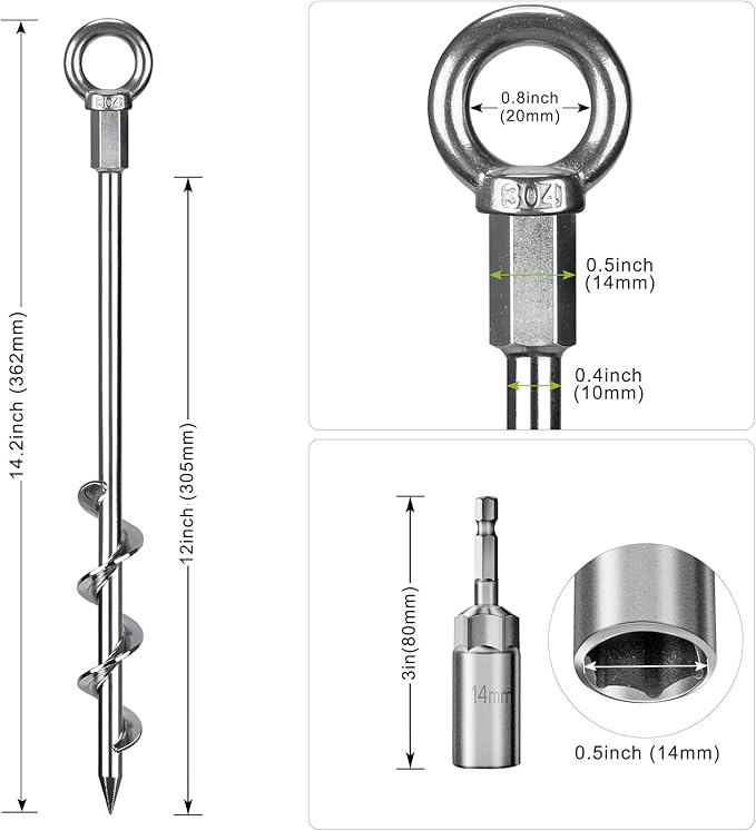 12 Inch Ground Anchors, 8 Pcs Heavy Duty Tent Stakes, Easy to Install and Reusable, for Camping