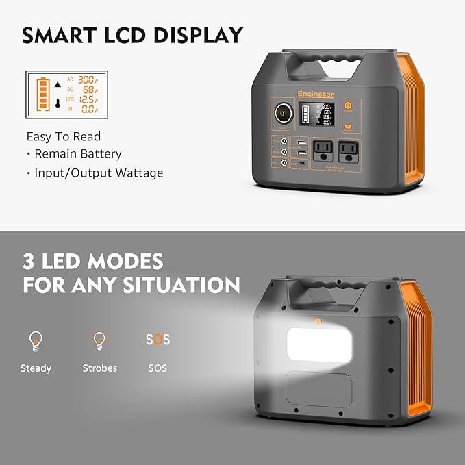 Enginstar Solar Generator, 296Wh Portable Power Station, 110V Pure Sine Wave, 80000mAh Backup