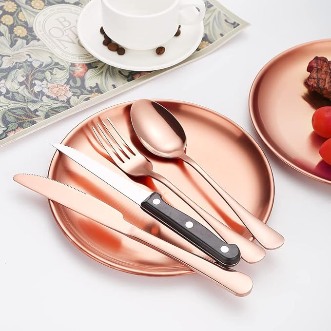 Picnic Tableware Set Camping Flatware Copper/Rose Gold Silverware and Plates Kit for 4 Portable