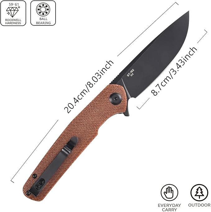 Sitivien ST102 Folding Knife, D2 Steel Blade+Micarta Handle EDC Tool Knife for Outdoor, Camping