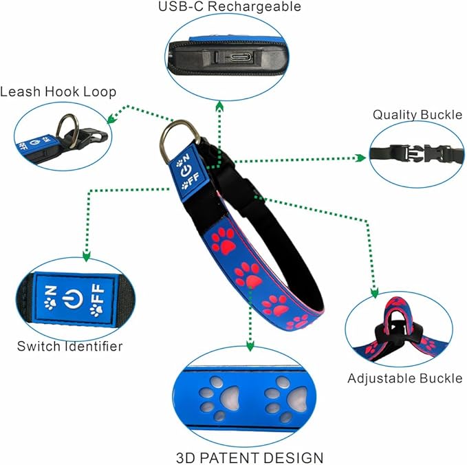LED Light Up Dog Collar, USB-C Rechargeable, Multicolor Paw Print Design, 15 Modes Lighting Night