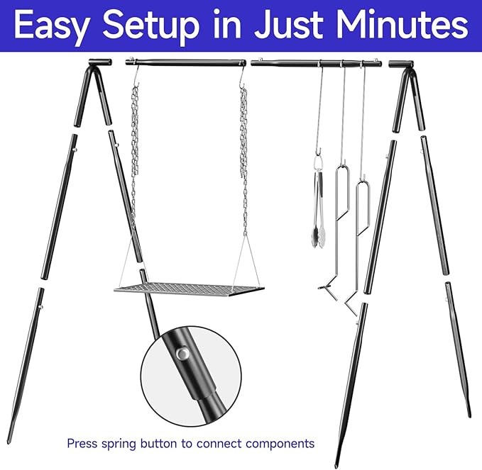 Grill Swing Campfire Cooking Stand, BBQ Grill for Cookware, Bruntmor Dutch Oven Adjustable