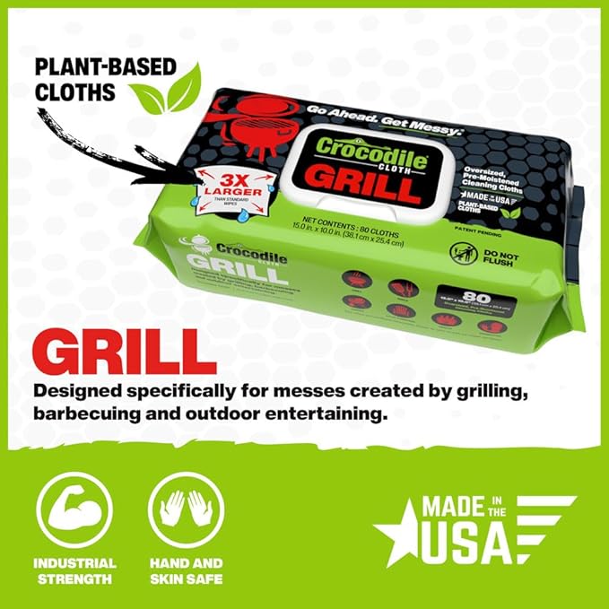 Crocodile Cloth Grill - 80 (15" x 10") Plant-based Cleaning Wipes. Safe on Skin & Multiple